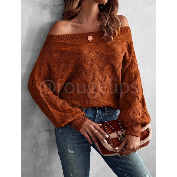 Off Shoulder Batwing Sleeve Rusty Brown Knit Sweater - Picture 7 of 8